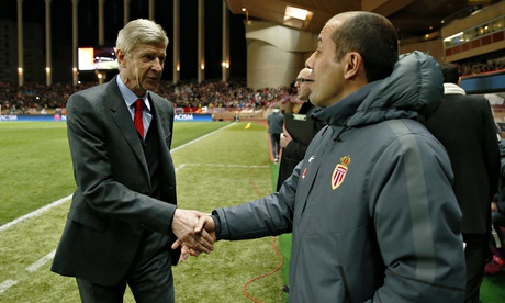 Arsène Wenger shakes hands with Leonardo Jardim during Arsenal's Champions League match at Monaco