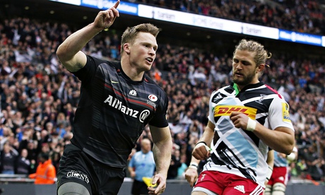 The wing Chris Ashton celebrates Saracens' third try against Harlequins at Wembley Stadium.