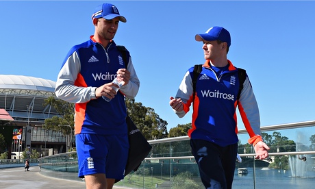 England's Alex Hales, left, and Eoin Morgan at Cricket World Cup