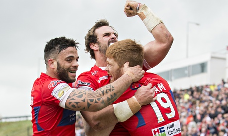 Hull KR's Josh Mantellato, centre, celebrates on of his four tries 