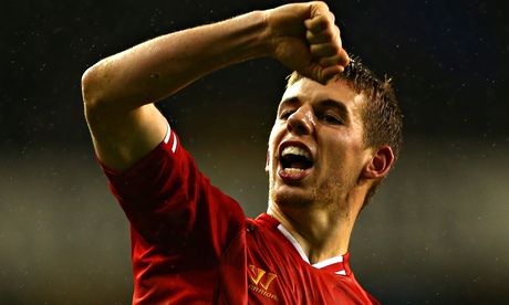Jon Flanagan celebrates scoring for Liverpool against Tottenham in December 2013