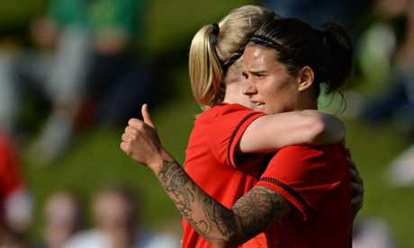 Dzsenifer Marozsan celebrates with team-mate Pauline Bremer during Germany's recent 3-1 friendly win