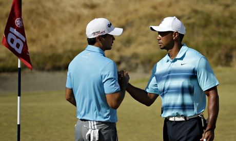 Tiger Woods, right, and Jason Day during a practice session at Chambers Bay ahead of the US Open