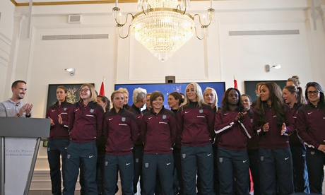 Mark Sampson alongside members of his England World Cup squad last month
