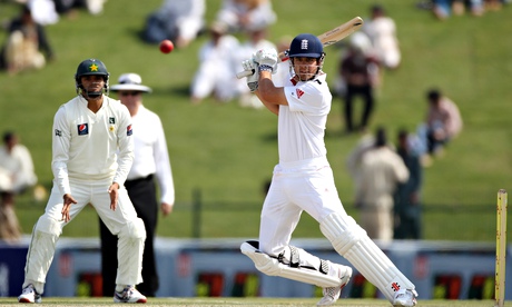 Alastair Cook plays a shot during England's Test match against Pakistan in Abu Dhabi in January 2012