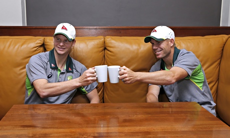 Steve Smith, left, and David Warner pose for a photograph at Australia's hotel in Northampton