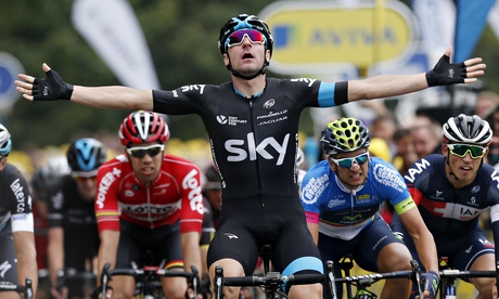 Team Sky's Elia Viviani crosses the line for his second stage win in the the Tour of Britain.