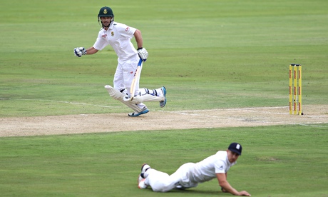 Stephen Cook hits the ball past James Taylor on his way to making a debut century for South Africa