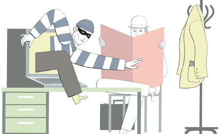 Cybercrime cartoon: thief climbs out of computer screen