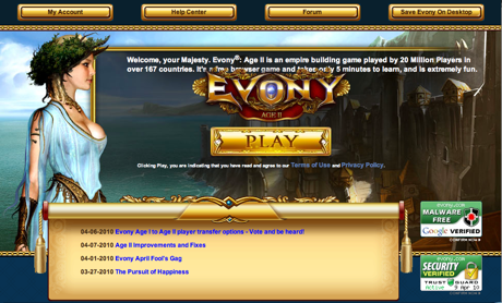 Evony.com front page April 2010