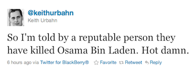 First tweet on Osama bin Laden's death