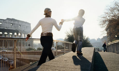 Family on walkway above Colosseum.