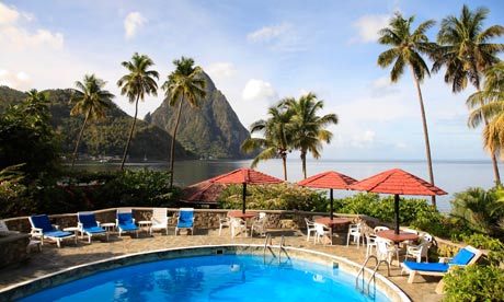 Caribbean, St Lucia, Soufriere, Petit Piton and Hummingbird beach resort