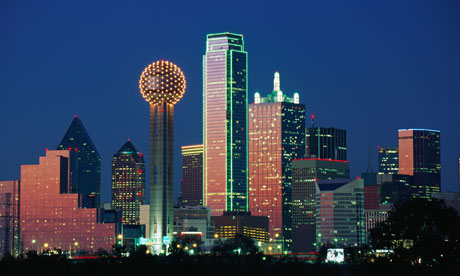 Reunion Tower and Dallas skyline at sunset