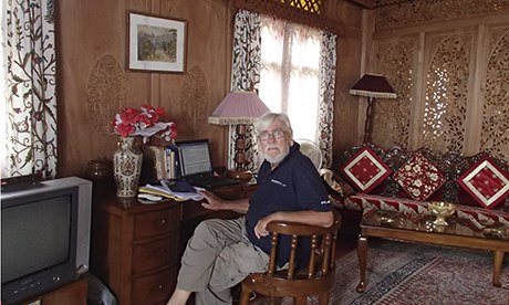 Simon on a houseboat on Dal Lake, Kashmir