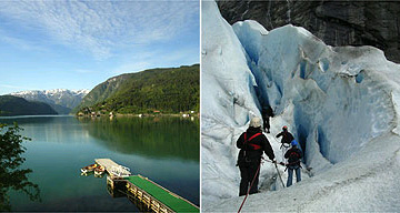 Norway's fjords: view from Ulvik in Hardangerfjord, and on Briksdal glacier, Sognefjord