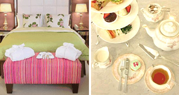 A bedroom and the Fashion Tea at the Mandeville Hotel, London
