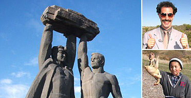 Faces of Kazakhstan (clockwise from left): Soviet-style statue, Sacha Baron Cohen as Borat, and a boy with a chicken. Photos: Carole Cadwalladr/ 20th Century Fox