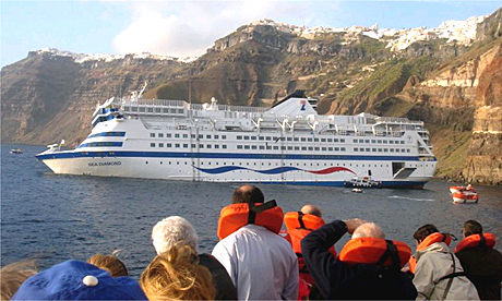 The stricken cruise ship Sea Diamond near Santorini, Greece