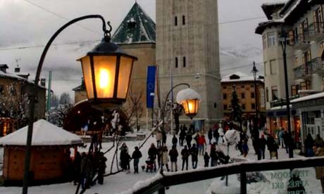 Snow covers the central main square in Cortina d'Ampezzo