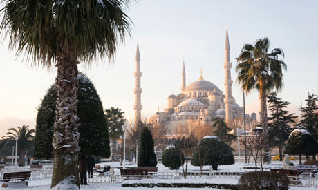 Istanbul's Blue Mosque in the snow.