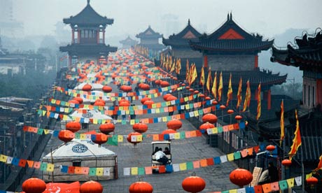 Xian, China Street Decorated with Lanterns and Flags