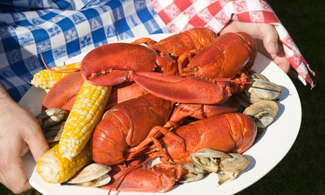 Plate of lobster, clams and corn on the cob