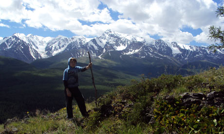 Ruskin hiking in the Altai mountains.