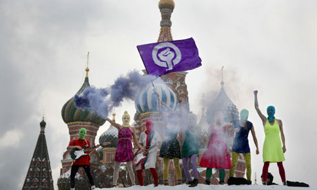 Pussy Riot protest at the Kremlin in Moscow. Photograph: Anna Artemeva/AFP/Getty Images