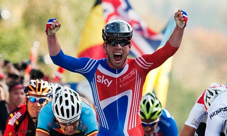 Mark Cavendish crossing the finish line