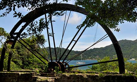 Waterwheel with blue water behind near Speyside. 