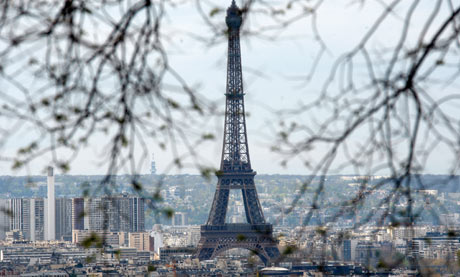 The Eiffel tower is seen from the Sacre Coeur Basilica in Paris