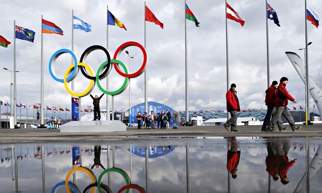 The Olympic rings and the cauldron for the Olympic flame at the Olympic Park, Sochi