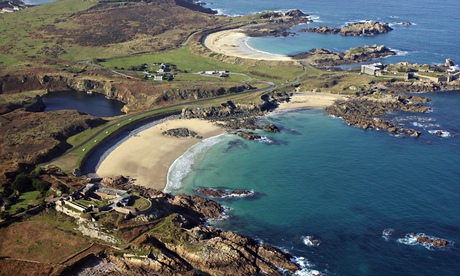 An aerial view of sandy corblets beach, Alderney, Channel Islands