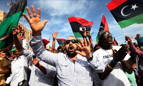 Libyans celebrate the death of Gaddafi in Martyrs square, Tripoli