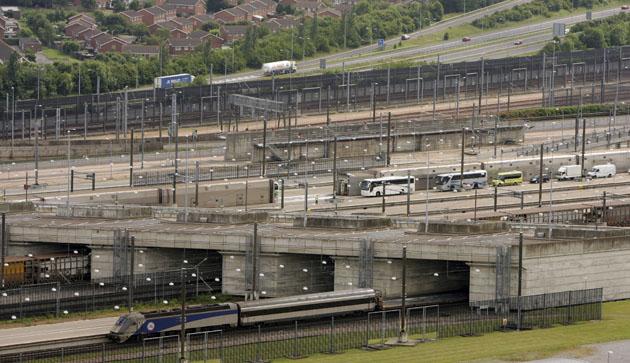 Folkestone, UK: Vehicles approach the entrance of the Channel tunnel