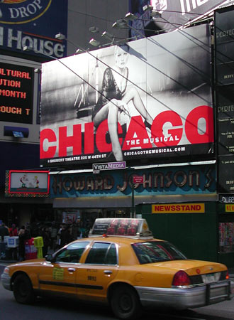 A billboard promotes Denise Van Outen's Broadway debut as Roxie Hart in Chicago