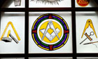 Freemason symbols on a plate glass window