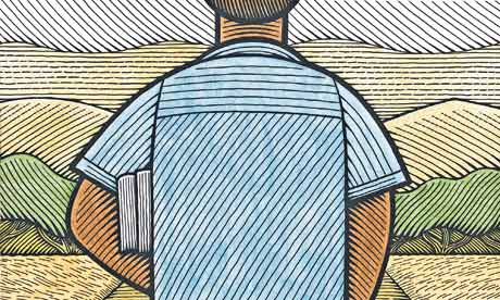 Illustration of man walking through an African landscape with books under his arm