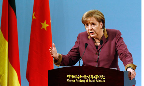 Angela Merkel delivers a speech at the Chinese Academy of Social Sciences in Beijing.