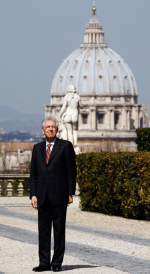 Italian PM Monti is seen before meeting Maltese President Abela at Villa Doria Pamphilj in Rome