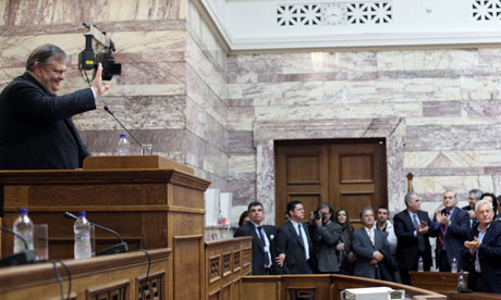 Evangelos Venizelos ted leader Greek Socialist  Evangelos Venizelos waves to Socialist MPs in Athens
