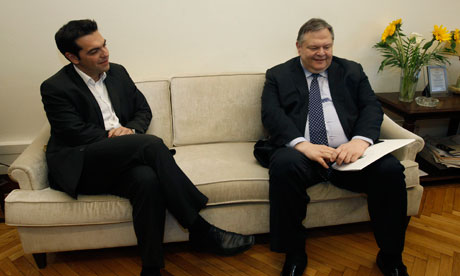 Leader of the Left Coalition party Alexis Tsipras and PASOK's Evangelos Venizelos.