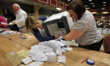 Electoral workers begin counting votes in the fiscal treaty referendum in Dublin, Ireland