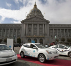 Hybrid electric cars on display in front of City Hall in San Francisco, California.