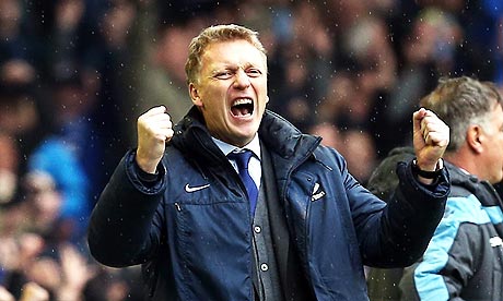 Everton's departing manager, David Moyes, celebrates his team's second goal against West Ham United