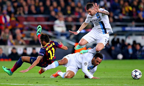 Joleon Lescott and Aleksandar Kolarov collide with Neymar as Manchester City struggled to contain Barcelona.