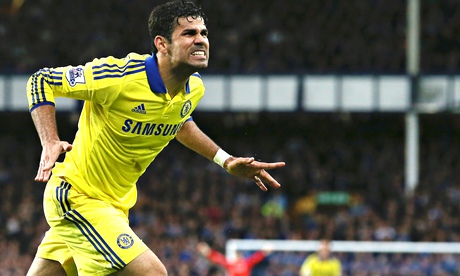 Diego Costa celebrates his second, and Chelsea's sixth, against Everton on Saturday.