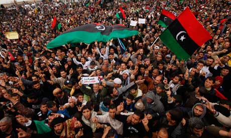 Protesters attend an anti-Gaddafi demonstration in Benghazi