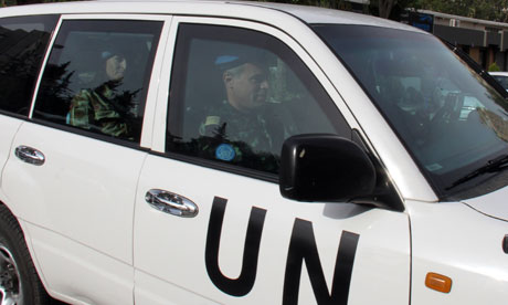 Members of a UN monitors team, tasked with monitoring the ceasefire in Syria, arrive in Damascus